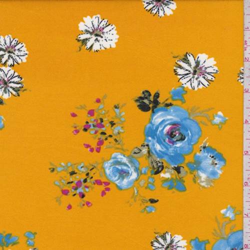 Goldenrod/Sky Floral/Daisy Double Brushed Jersey Knit Fabric