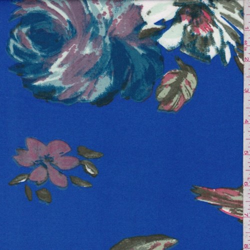 4 1/2 YD PC-Electric Blue Sketch Floral Double Brushed Jersey Knit Fabric