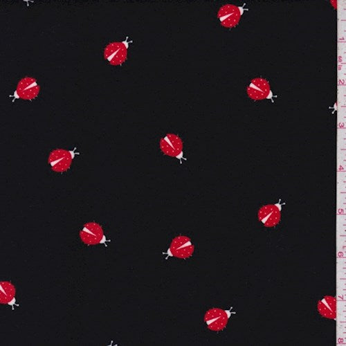 Black Ladybug Double Brushed Jersey Knit Fabric