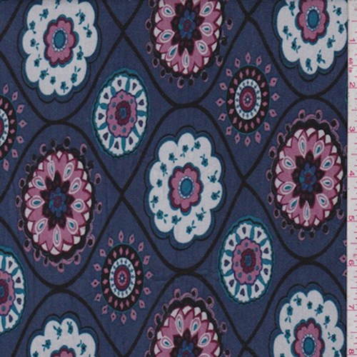 1 3/4 YD PC-Blue/Rose Medallion Lattice Rayon Jersey Knit Fabric
