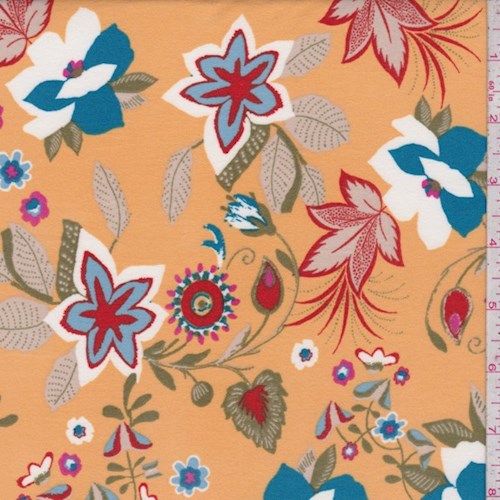 Yellow Beige/Aqua Art Floral Double Brushed Jersey Knit Fabric