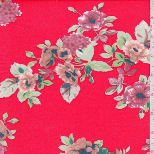 Bright Red Floral Double Brushed Jersey Knit Fabric