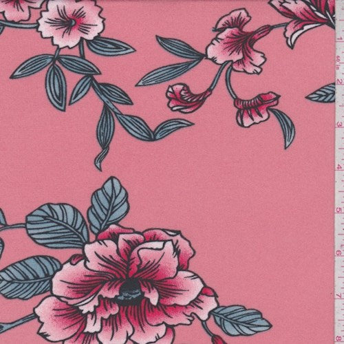 Salmon Pink Sketch Floral Double Brushed Jersey Knit Fabric