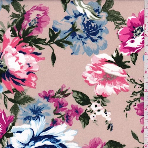 Sand Beige-Blue-Magenta Floral Double Brushed Jersey Knit Fabric