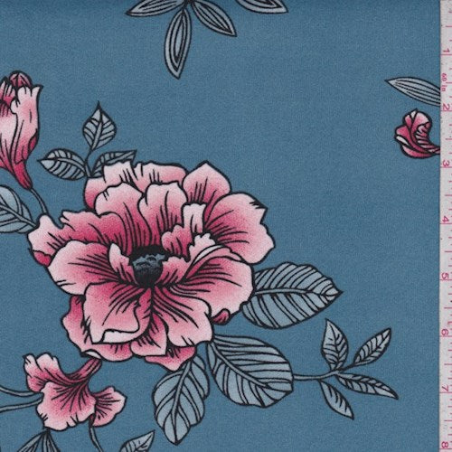 Colonial Blue Sketch Floral Double Brushed Jersey Knit Fabric