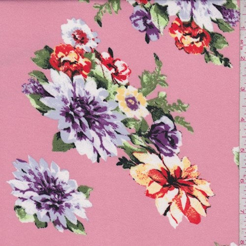 Pink/Lavender/Yellow Floral Cluster Double Brushed Jersey Knit Fabric