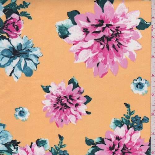 2 YD PC-Yellow/Pink/Teal Floral Cluster Double Brushed Jersey Knit Fabric