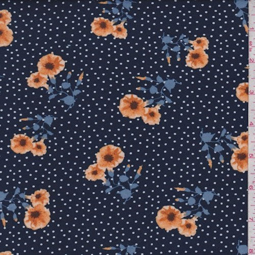 1 1/4 YD PC-Dark Blue Floral Pin Dot Double Brushed Jersey Knit Fabric