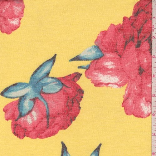 1 5/8 YD PC-Yellow/Coral Peony Double Brushed French Terry Knit Fabric
