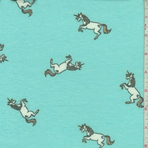 Icy Blue Leaping Unicorn Brushed French Terry Knit Fabric