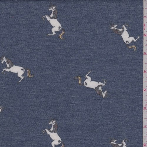 1 YD PC-Dark Blue Leaping Unicorn Brushed French Terry Knit Fabric