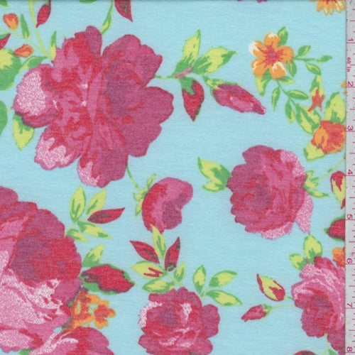Turquoise Summer Floral Double Brushed French Terry Knit Fabric