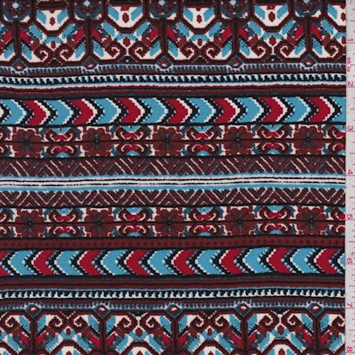 Cherry Brown/Sky Blue Deco Stripe Rayon Challis Fabric