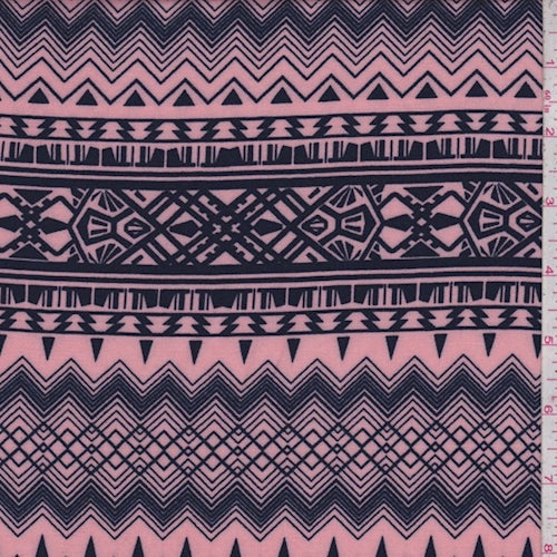 Peach Pink/Navy Geo Stripe Rayon Challis Fabric