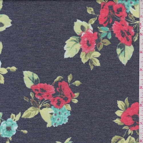 1 1/2 YD PC-Dark Navy/Coral Floral Double Brushed French Terry Knit Fabric