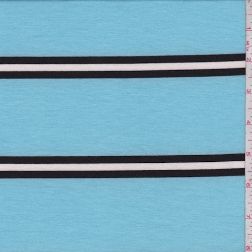 3 1/4 YD PC-Powder Blue/Black Stripe Double Brushed French Terry Knit Fabric