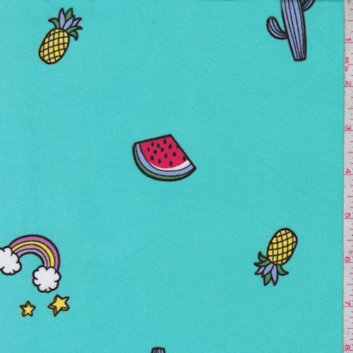 2 3/4 YD PC-Aqua Green Fruit/Rainbow Double Brushed Jersey Knit Fabric