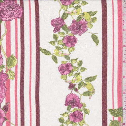 1 3/8 YD PC-Ivory/Maroon/Pink Floral Stripe Chiffon Fabric