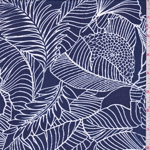 1 1/2 YD PC-Dark Blue/White Sketch Floral Chiffon Fabric