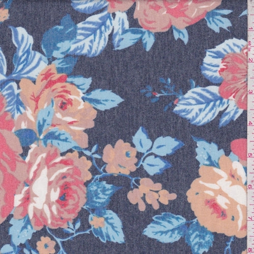 Heather Navy/Cocoa Peony Brushed French Terry Knit Fabric