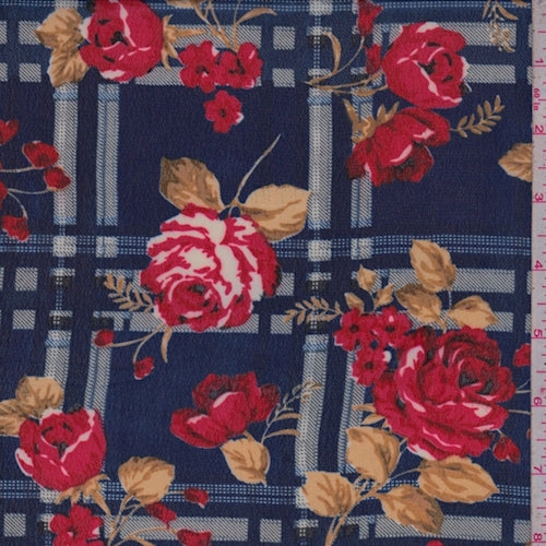 2 1/4 YD PC-Navy/Ruby Plaid Floral Crepe Georgette Fabric