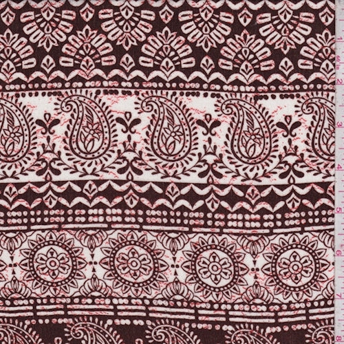 2 3/8 YD PC-Coffee/Ivory Paisley/Medallion Stripe Crepon Fabric
