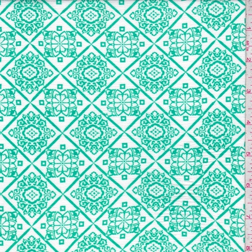 White/Spring Green Medallion Lattice Crinkled Gauze Fabric