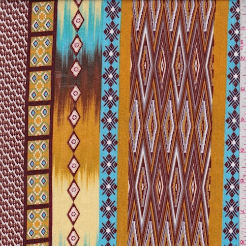Ochre/Turquoise/Maroon Tribal Stripe Crinkled Gauze Fabric
