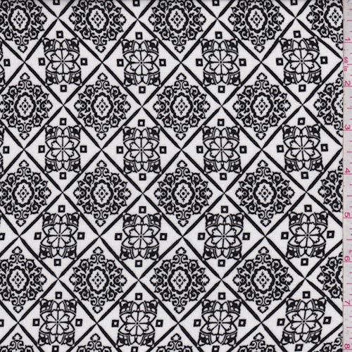 White/Onyx Medallion Lattice Crinkled Gauze Fabric