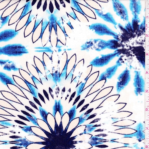 Golden Beige/Cobalt Tie Dye Floral Crepon Fabric