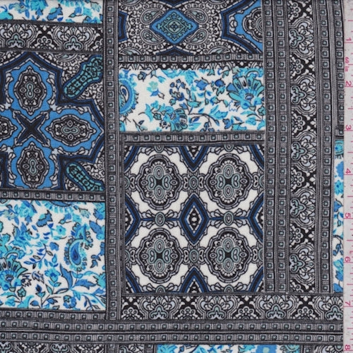 Black/White/Blue Moroccan Block Crepon Fabric