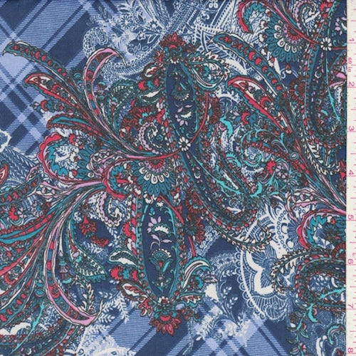ITY Deep Blue-Periwinkle Paisley Plaid Jersey Knit Fabric