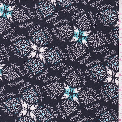 Black/White Vine Medallion Crepe Fabric