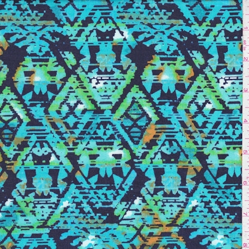 Navy-Aqua-Lime Ikat Diamond Rayon Challis Fabric