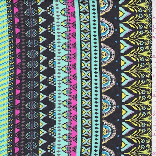 Black/Seafoam/Pink Deco Stripe Rayon Challis Fabric