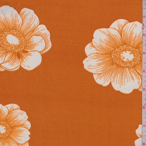 1 YD PC-Dark Orange/White Floral Bloom Double Brushed Jersey Knit Fabric