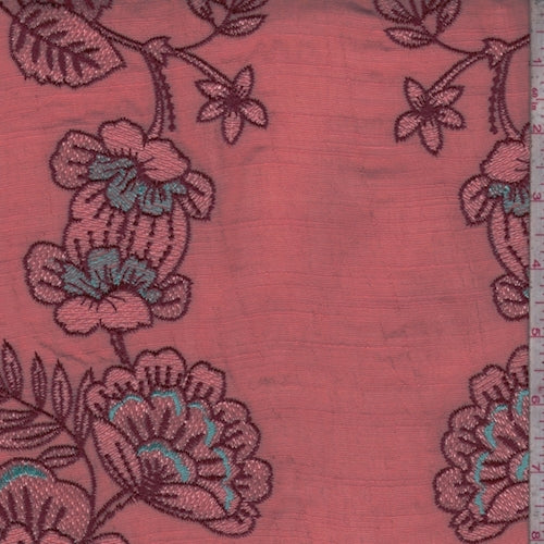 4 YD PC-Salmon/Brick Embroidered Floral Gauze Fabric
