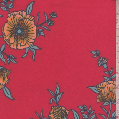 Bright Red Cosmo Floral Double Brushed Jersey Knit Fabric
