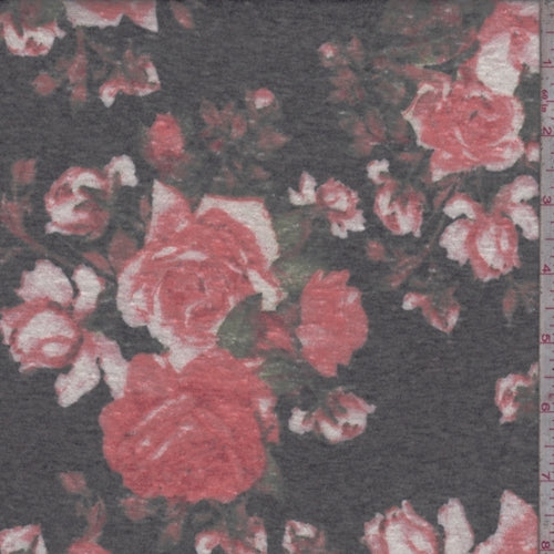 Black/Salmon Rose Slub Jersey Knit Fabric
