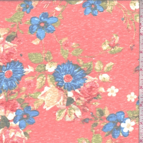 Dark Peach Floral Slub Jersey Knit Fabric