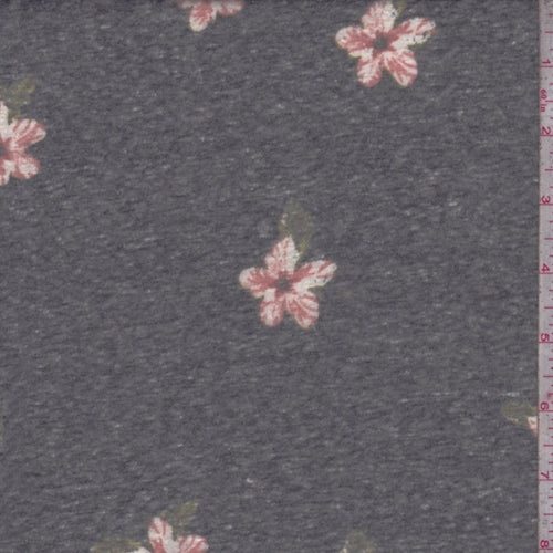 Stone Black Dogwood Floral Slub Jersey Knit Fabric