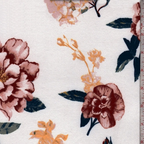 1 1/2 YD PC-White/Ruby Floral Double Brushed Jersey Knit Fabric