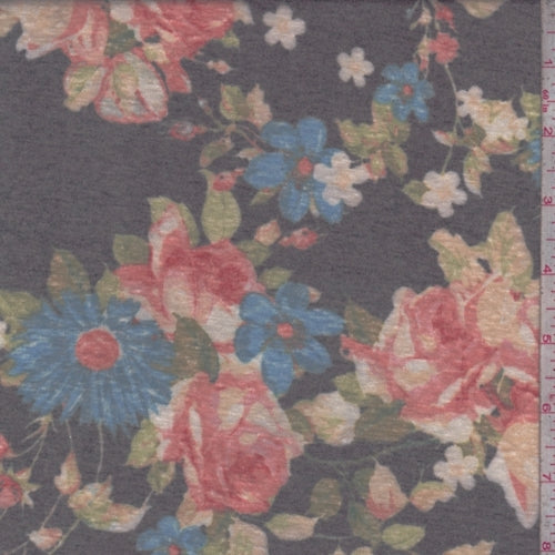 Black/Blue Floral Slub Jersey Knit Fabric