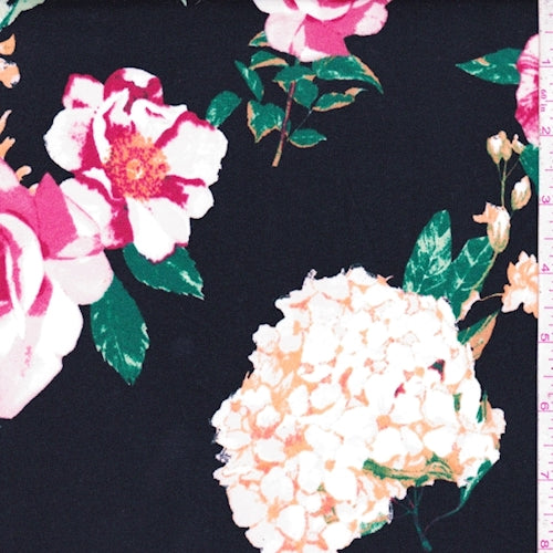 3 YD PC-Black Hydrangea/Floral Double Brushed Jersey Knit Fabric