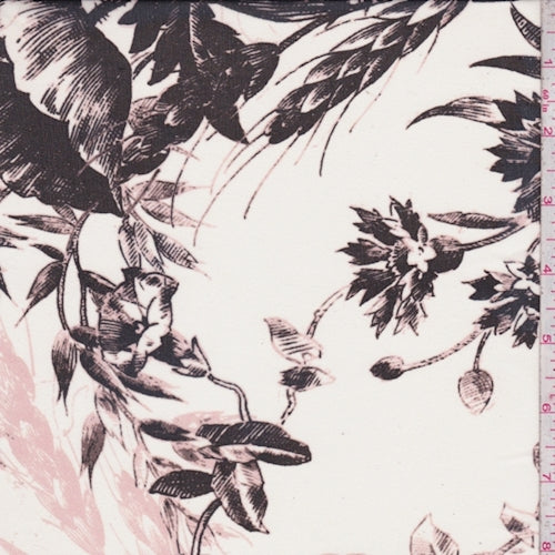 2 YD PC-Pearl/Black/Blush Sketch Floral Silk Chiffon Fabric
