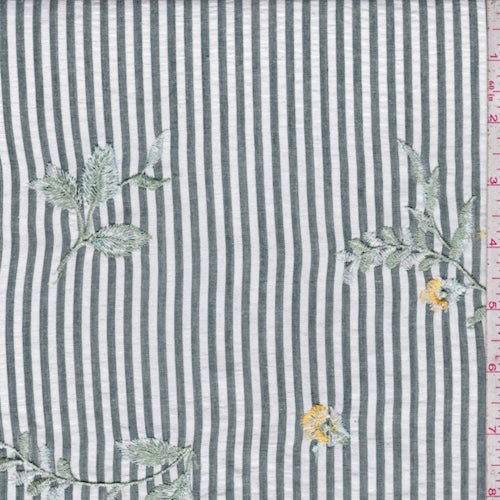 Forest-White Stripe Embroidered Floral Seersucker Fabric