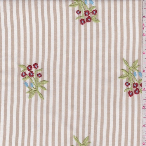 Tan/White Stripe Embroidered Floral Rayon Challis Fabric