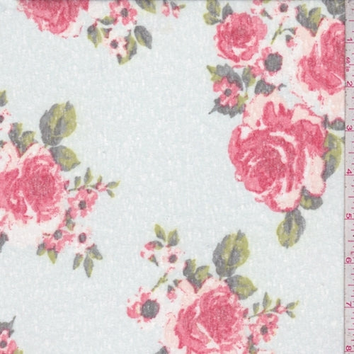 Pale Green/Brick Floral Slub Jersey Knit Fabric