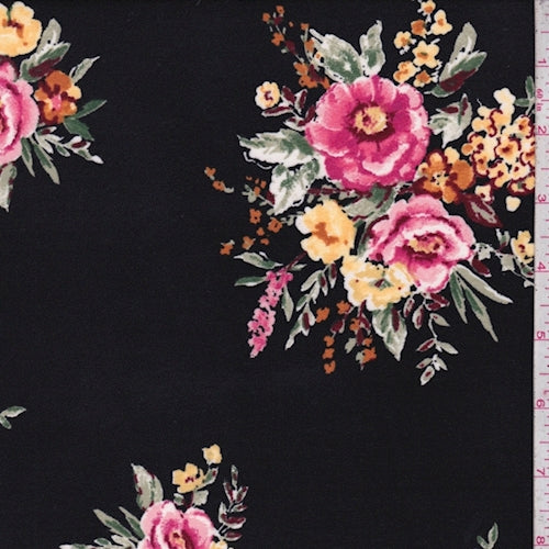 2 YD PC-Black/Pink Floral Bouquet Double Brushed Jersey Knit Fabric