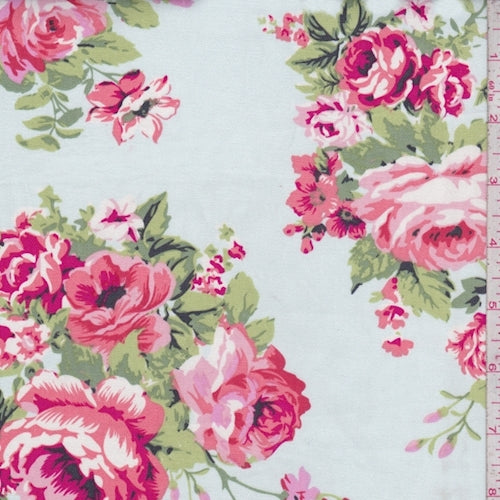 Pale Blue-Coral Floral Bouquet Poplin Fabric